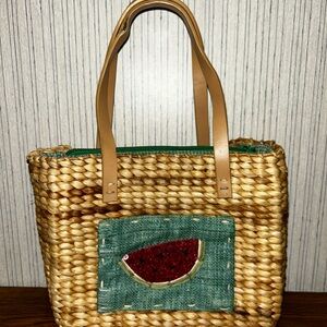 Amanda Smith Straw Tote with Tan Handles and Green Accent
